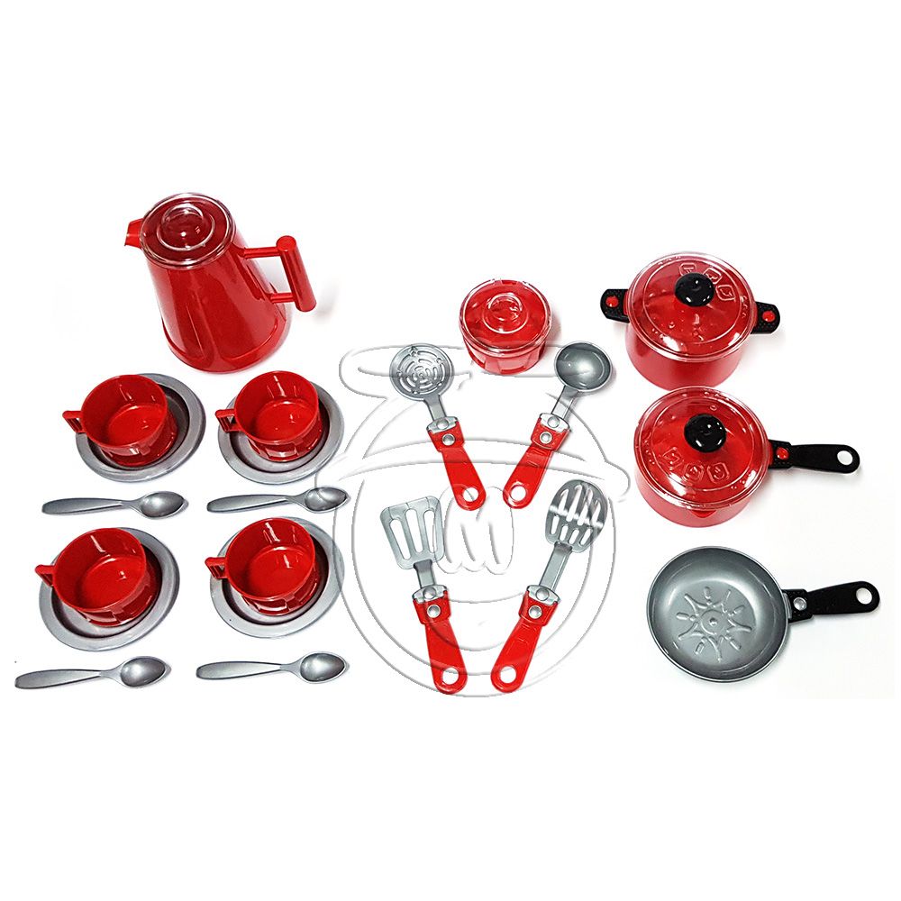 Комплект за готвене и чаен сервиз в кошница, 26 части, червен