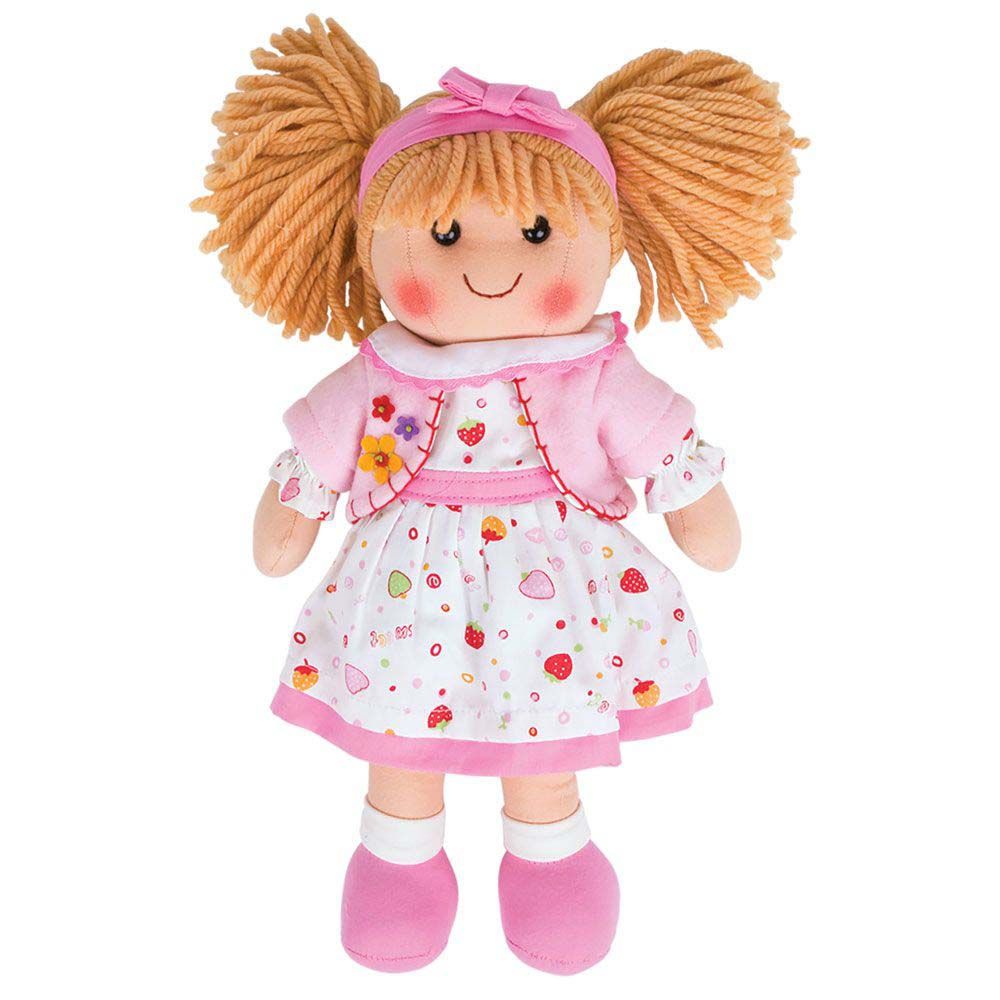 BIGJIGS, Мека кукла Кели, с руса коса и рокля на ягодки, 34 см