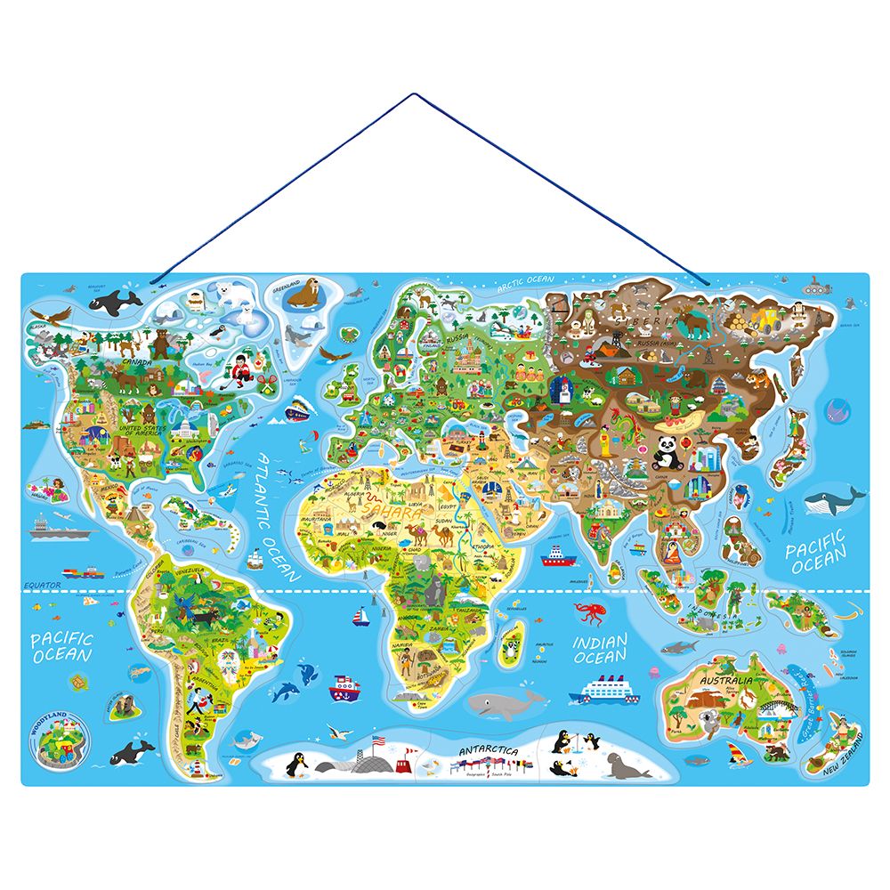 Woodyland, Магнитна карта на света, пъзел с магнитни части и игра, 2 в 1