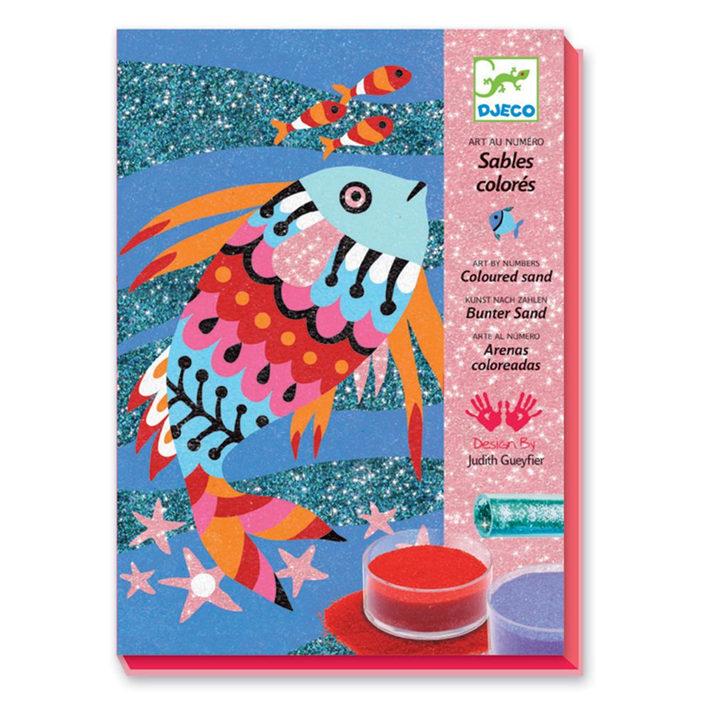 Djeco, Творчески комплект за рисуване с цветен пясък, Риби
