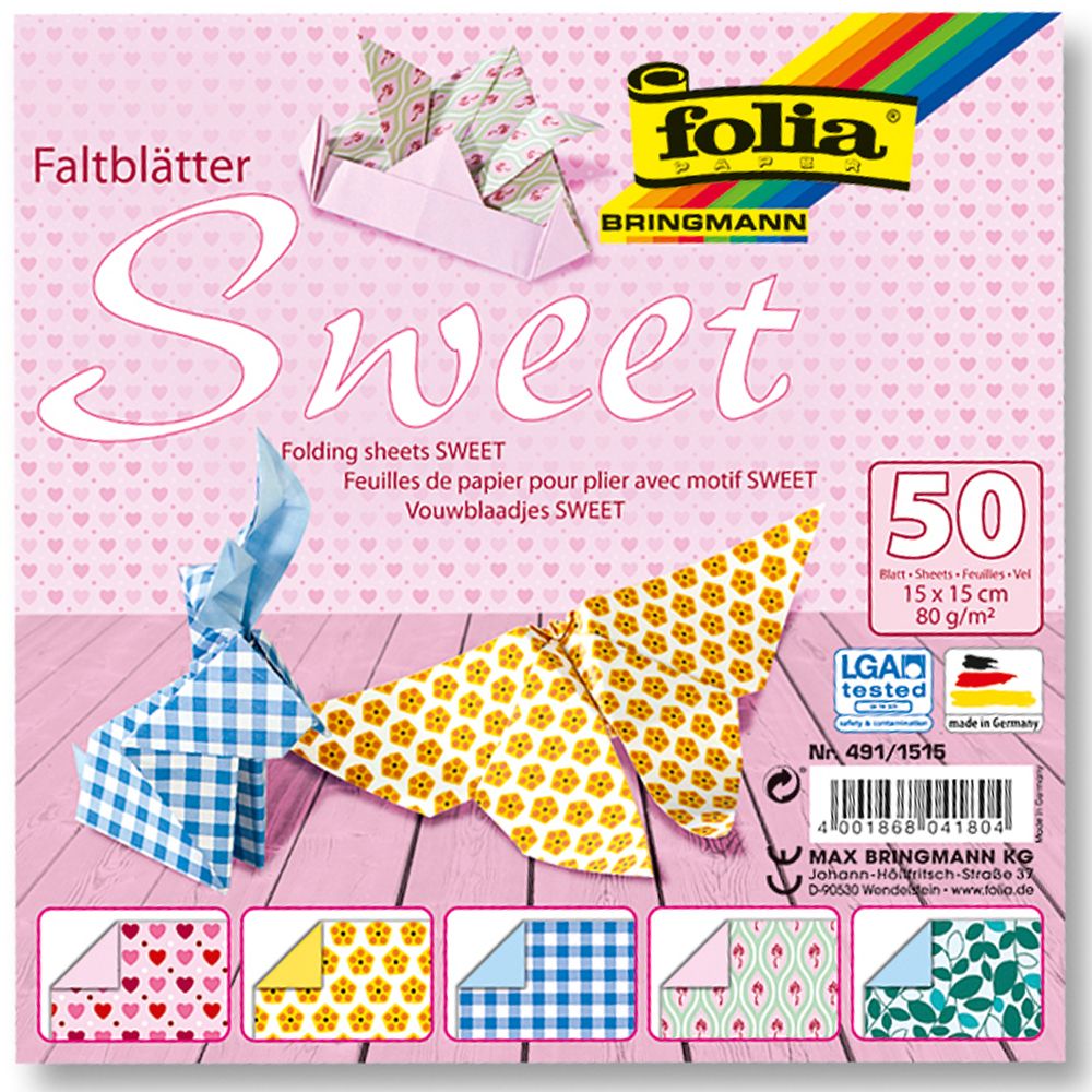 Folia Bringmann, Цветни хартии за оригами, SWEET, 50 листа, 15 х 15 см