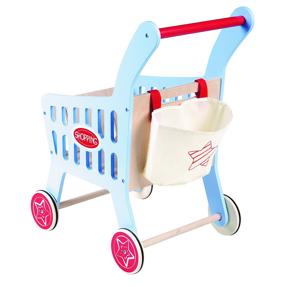 Дървена детска количка за пазаруване, синя