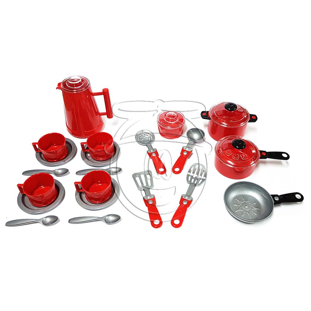 OrioN toys, Комплект за готвене и чаен сервиз в кошница, 26 части, червен