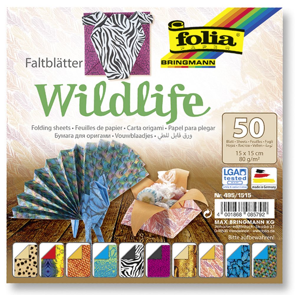 Folia Bringmann, Цветни хартии за оригами, Дивата природа, 50 листа, 15 х 15 см