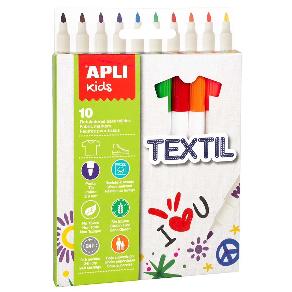 Apli kids, Комплект маркери за текстил, 10 цвята