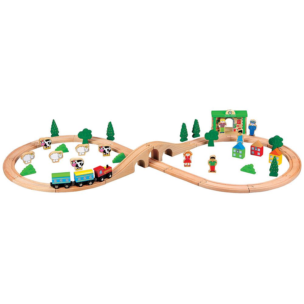 Lelin Toys, Дървено влакче с релси, гара и аксесоари, 50 части