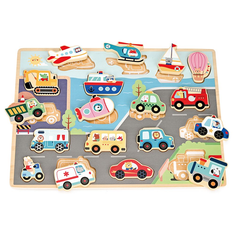 Lelin Toys, Дървен пъзел с фигури, Превозни средства, голям размер