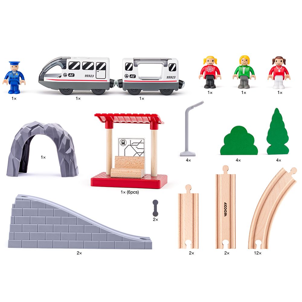 Дървено влакче с релси и локомотив с батерия, 45 части