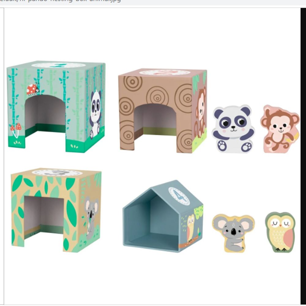 Картонени кубчета с дървени животни