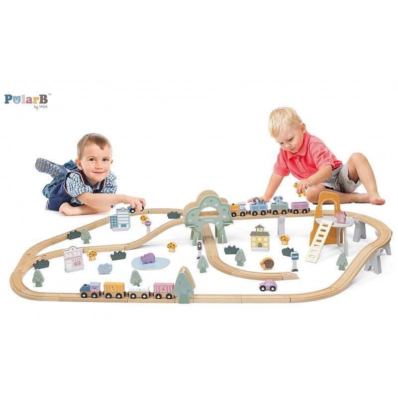 Viga toys, Дървено влакче с релси, 90 части, Ферма