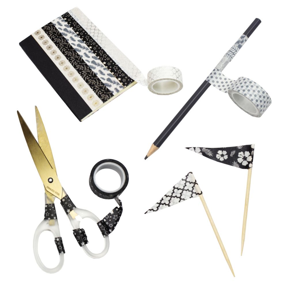 Декоративно тиксо WASHI TAPE, 8 броя черно-бели и 2 броя металик