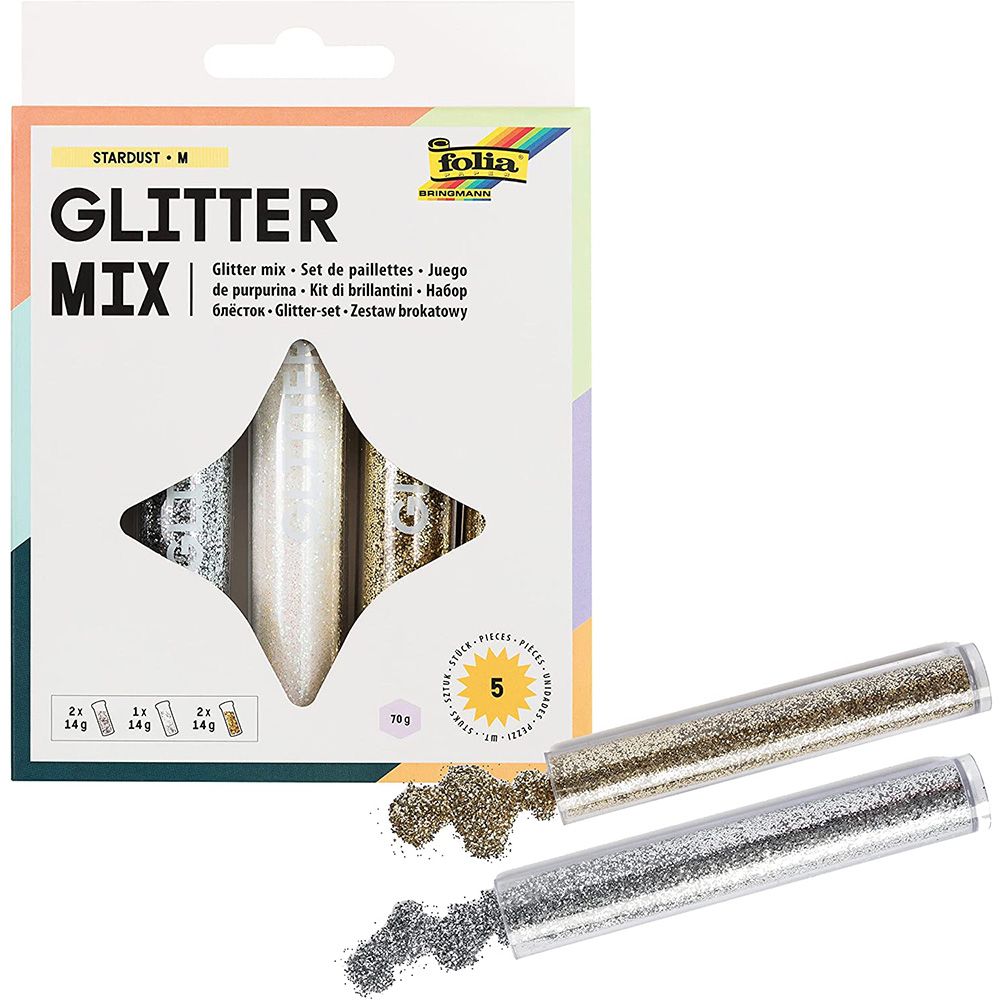 Folia Bringmann, Комплект с брокати за декорации, 5 бр., злато, сребро, бяло