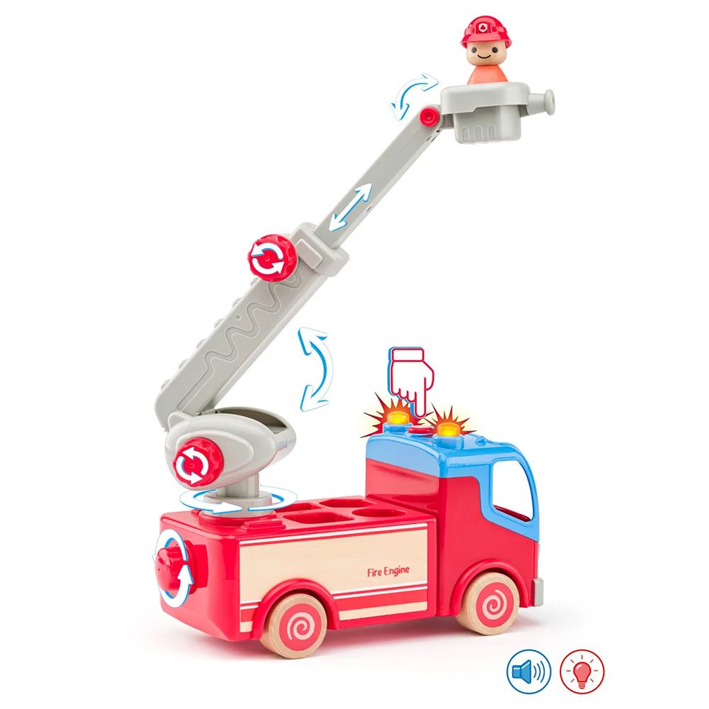 Дървен пожарен камион със звук и светлина, голям, за дърпане