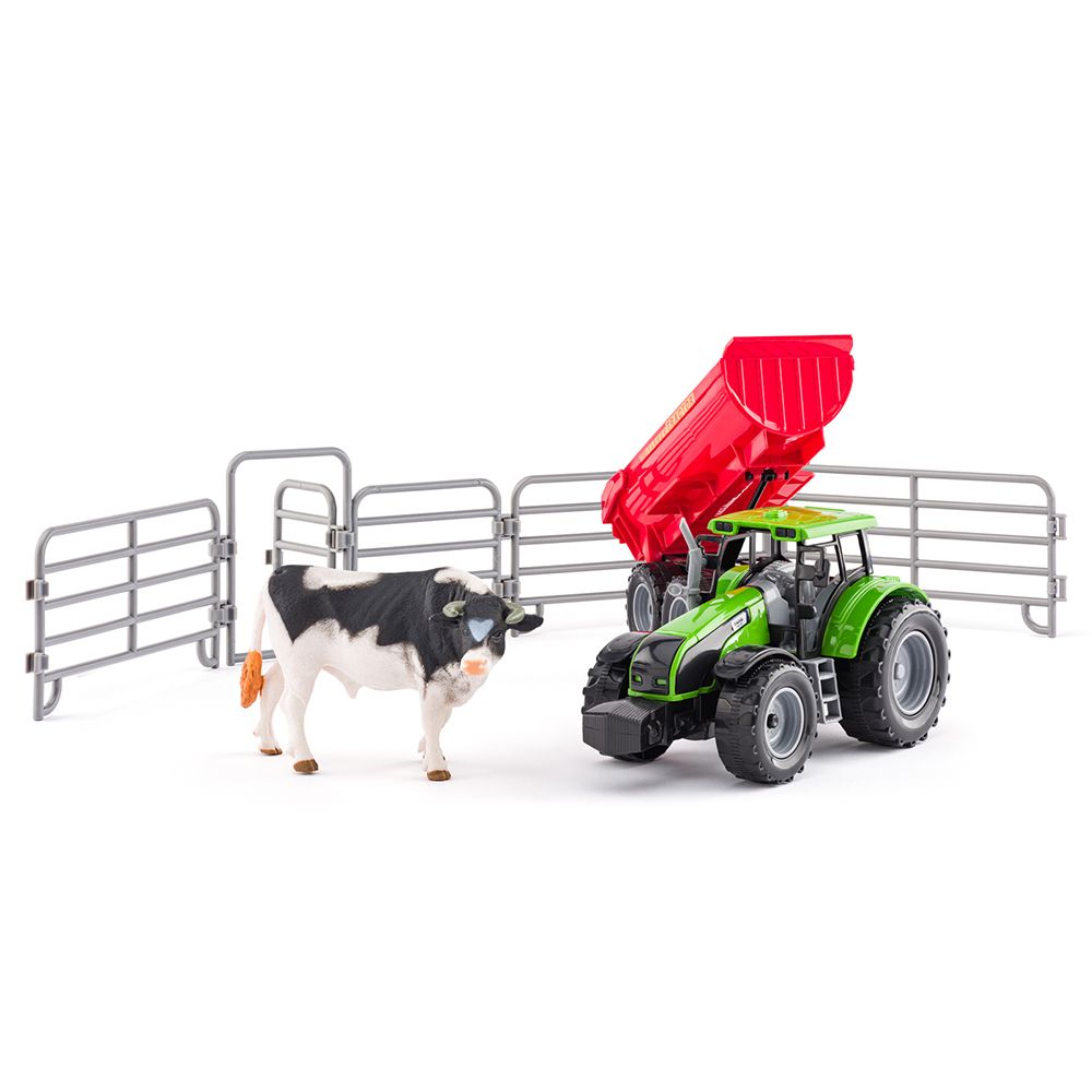 FAUNICA, Трактор с ремарке, бик и огради - аксесоари за ферма