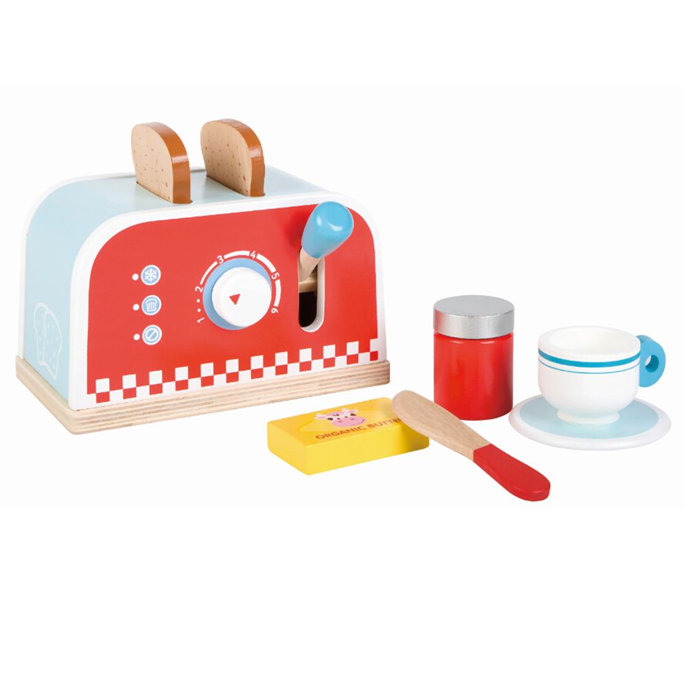 Дървен детски тостер, с комплект за закуска