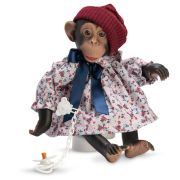 Бебе-маймунка Лола, с рокля с червени цветя и шапка, 32 см