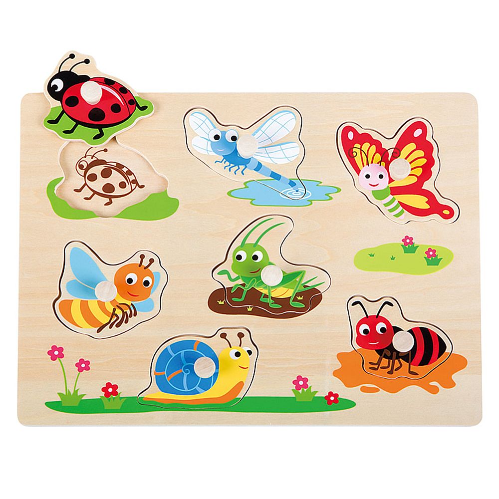 Lelin Toys, Дървен пъзел с дръжки, Насекоми, 7 елемента