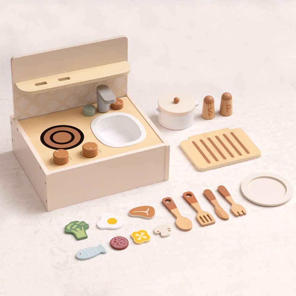 Дървена настолна детска кухня с аксесоари