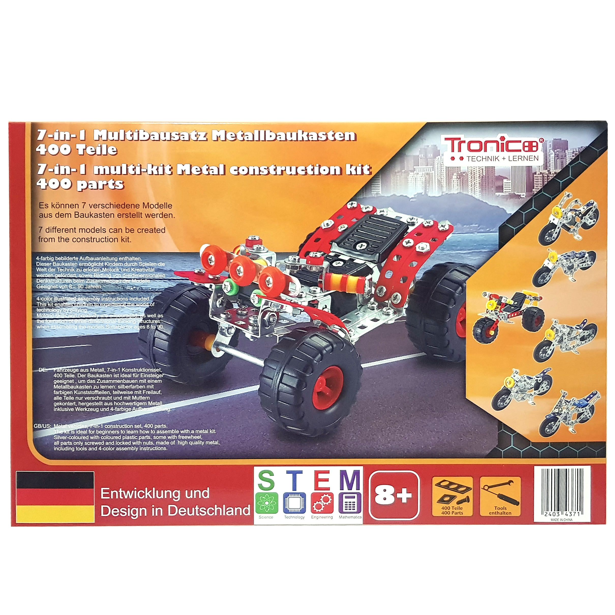 Tronico, Метален конструктор, 7 в 1, 400 елемента, Мотори и бъги