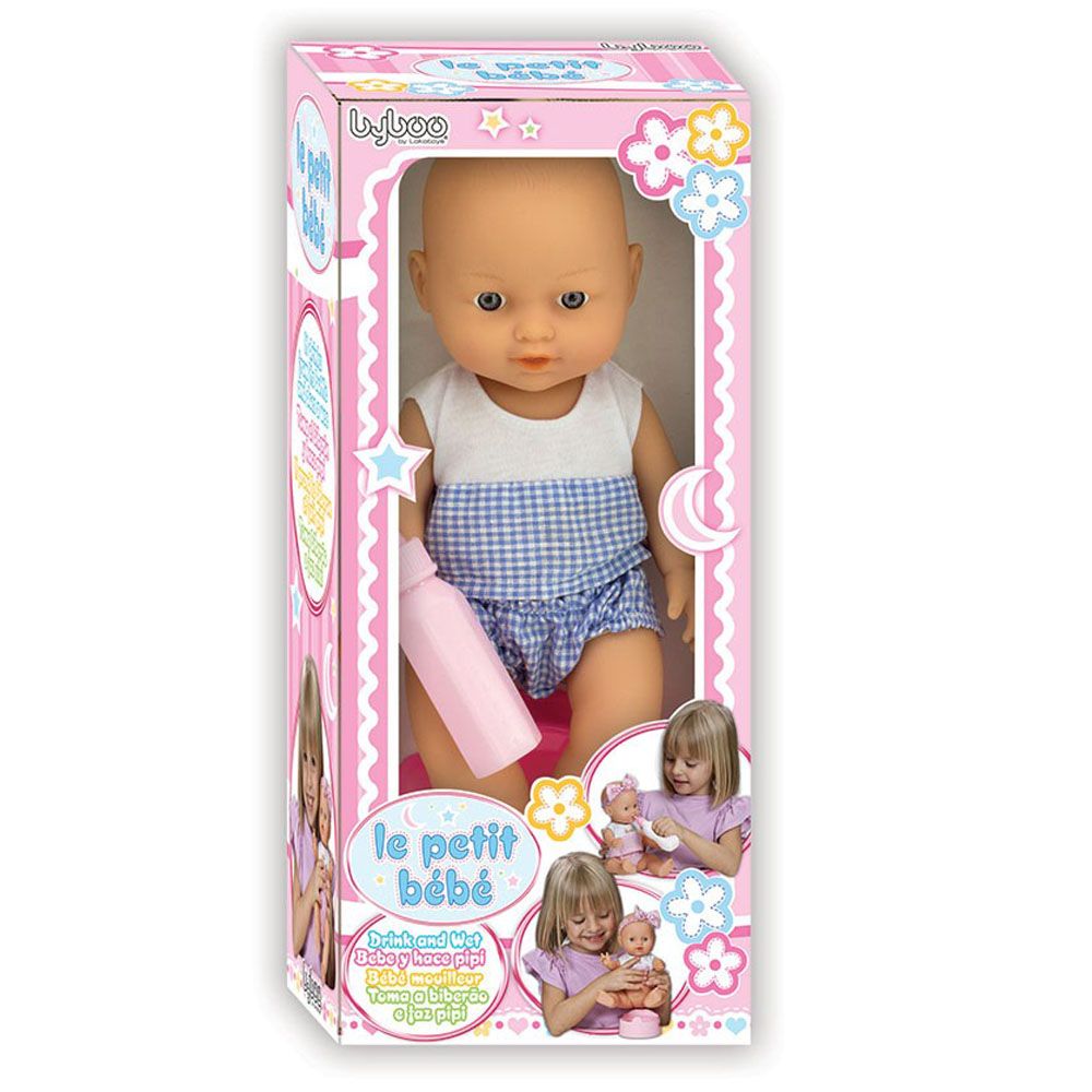 L, Пишкащо бебе-кукла с гърне и шише, Le Petit Bebe, 28 см