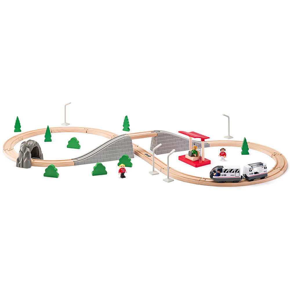 Дървено влакче с релси и локомотив с батерия, 45 части