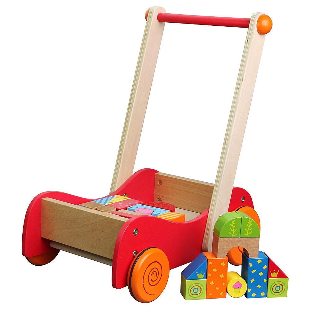 Lelin Toys, Дървена количка за прохождане, с конструктор, 30 части