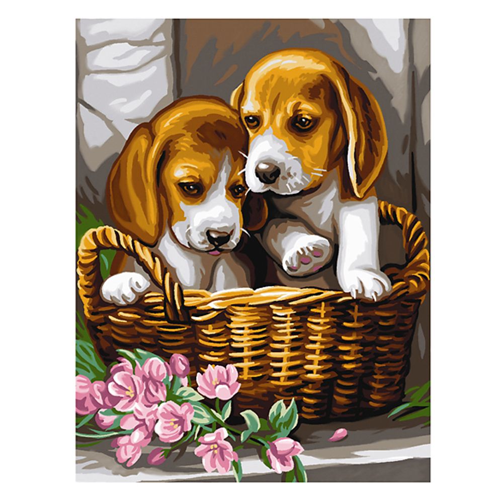Sequin art, Рисуване по номера с акрилни бои, Кученца в кошница