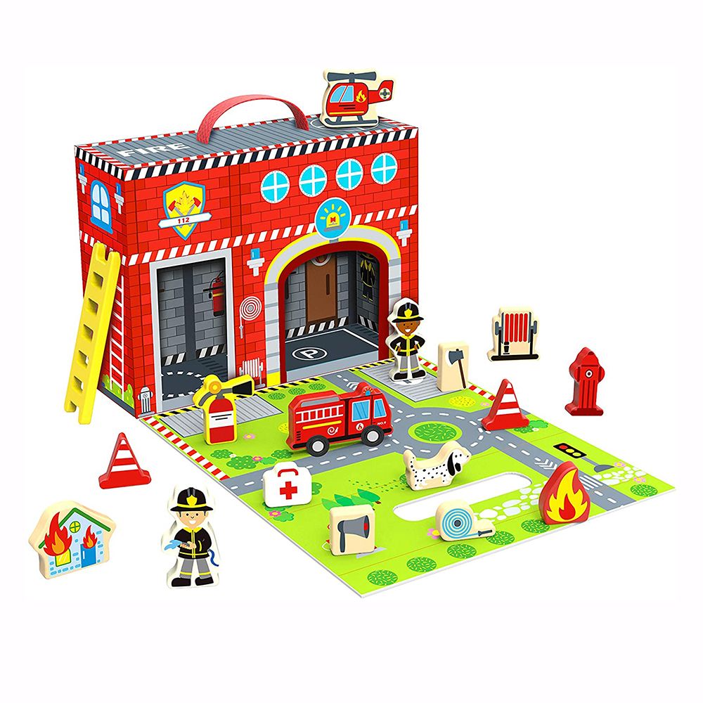 TookyToy, Пожарна станция с дървени фигури в куфар