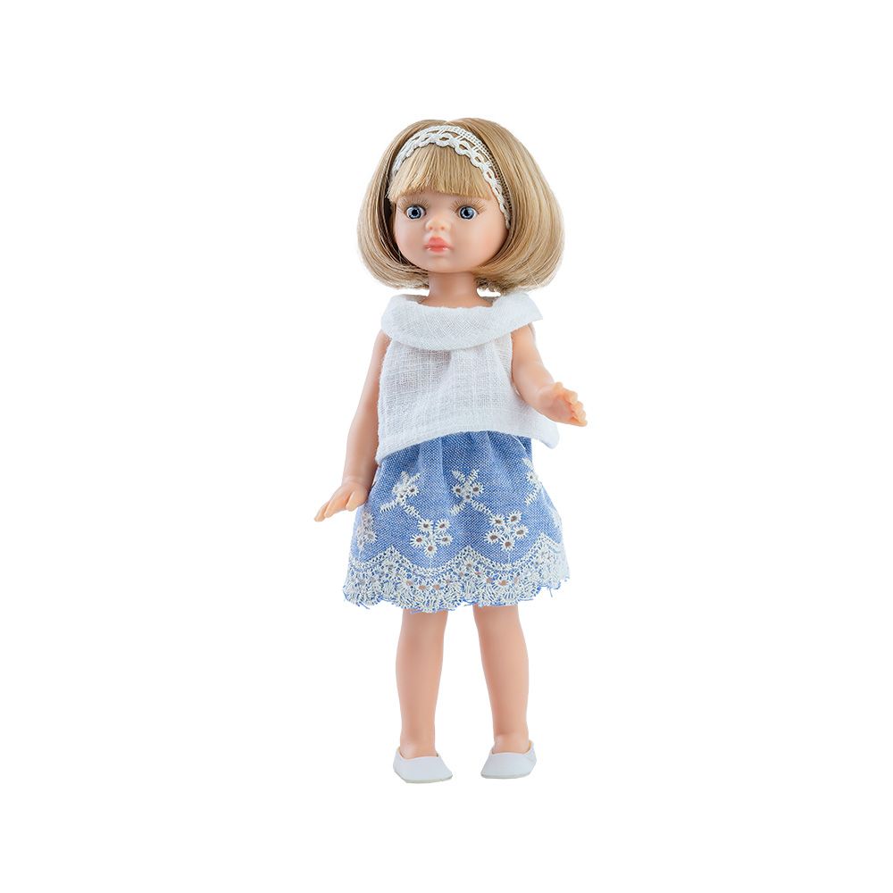 Mini Amigas, Мини кукла Мартина, с бяла блузка и синя поличка с бродерии, 21 см, Paola Reina