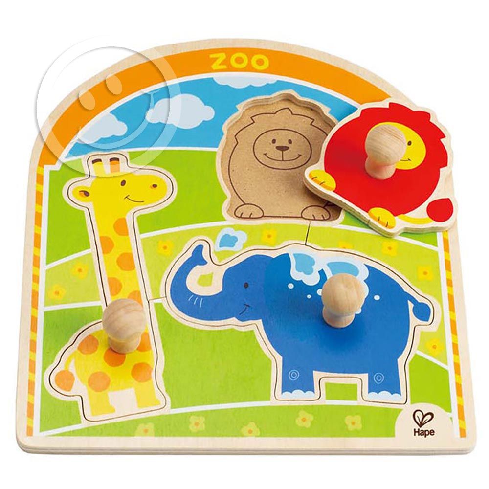 Hape, Дървен пъзел с дръжки и подсказка, Зоопарк