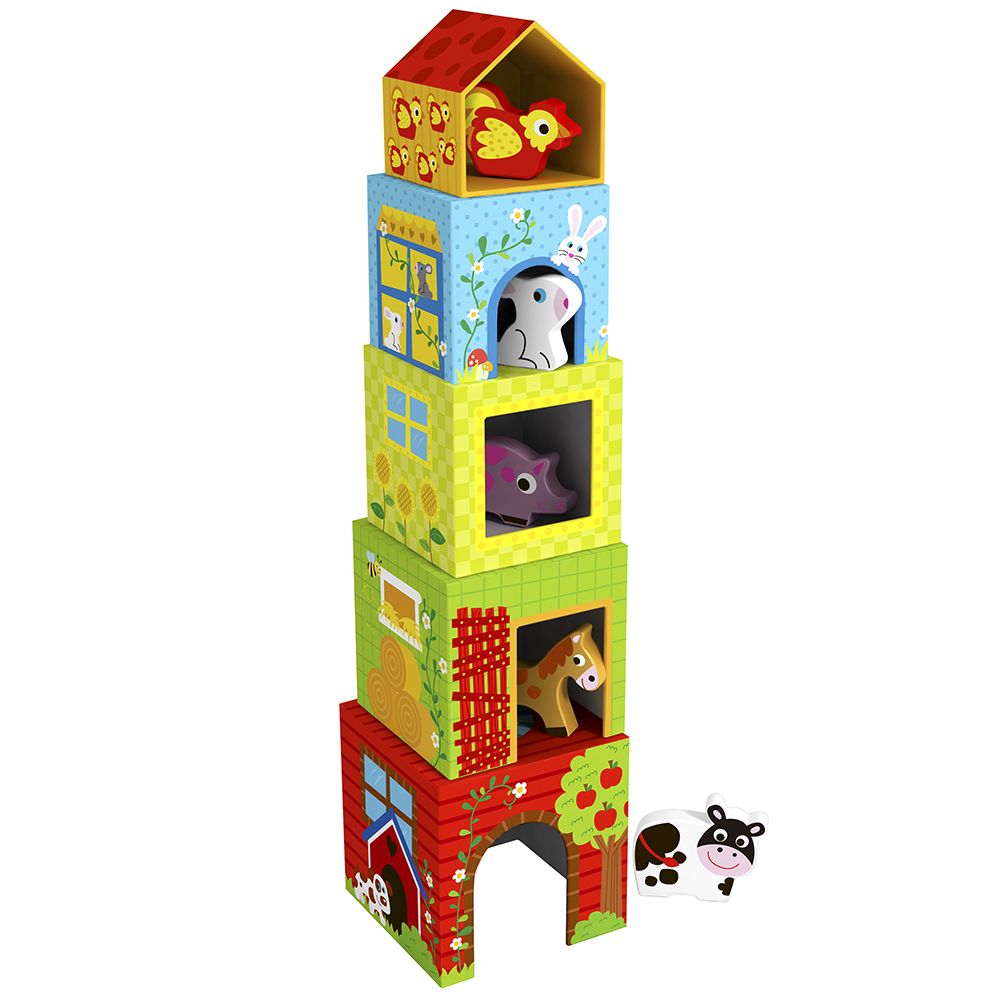 TookyToy, Ферма от картонени кубчета, с дървени животни