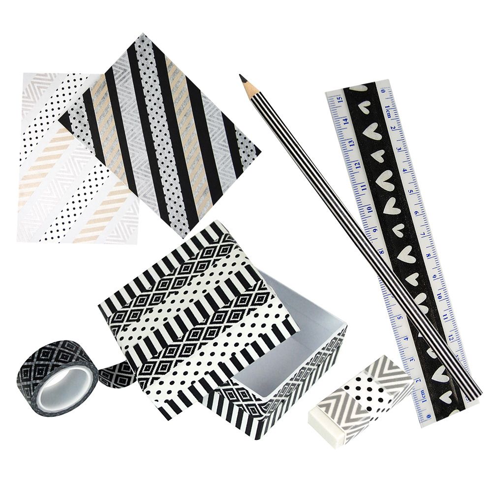 Декоративно тиксо WASHI TAPE, 8 броя черно-бели и 2 броя металик