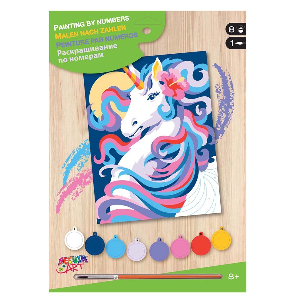 Sequin art, Рисуване по номера с акрилни бои, Цветен еднорог