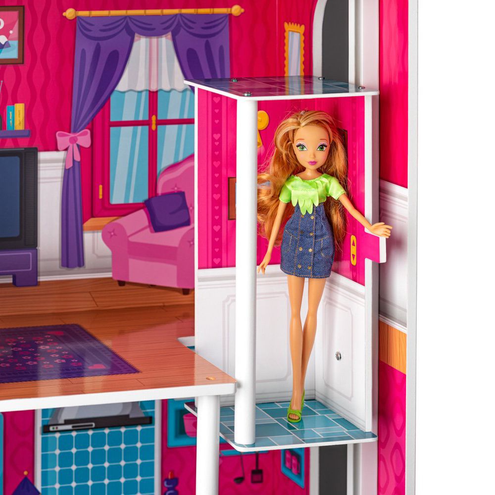 Дървена къща с обзавеждане и асансьор, Мирабела, за кукли тип "Барби"