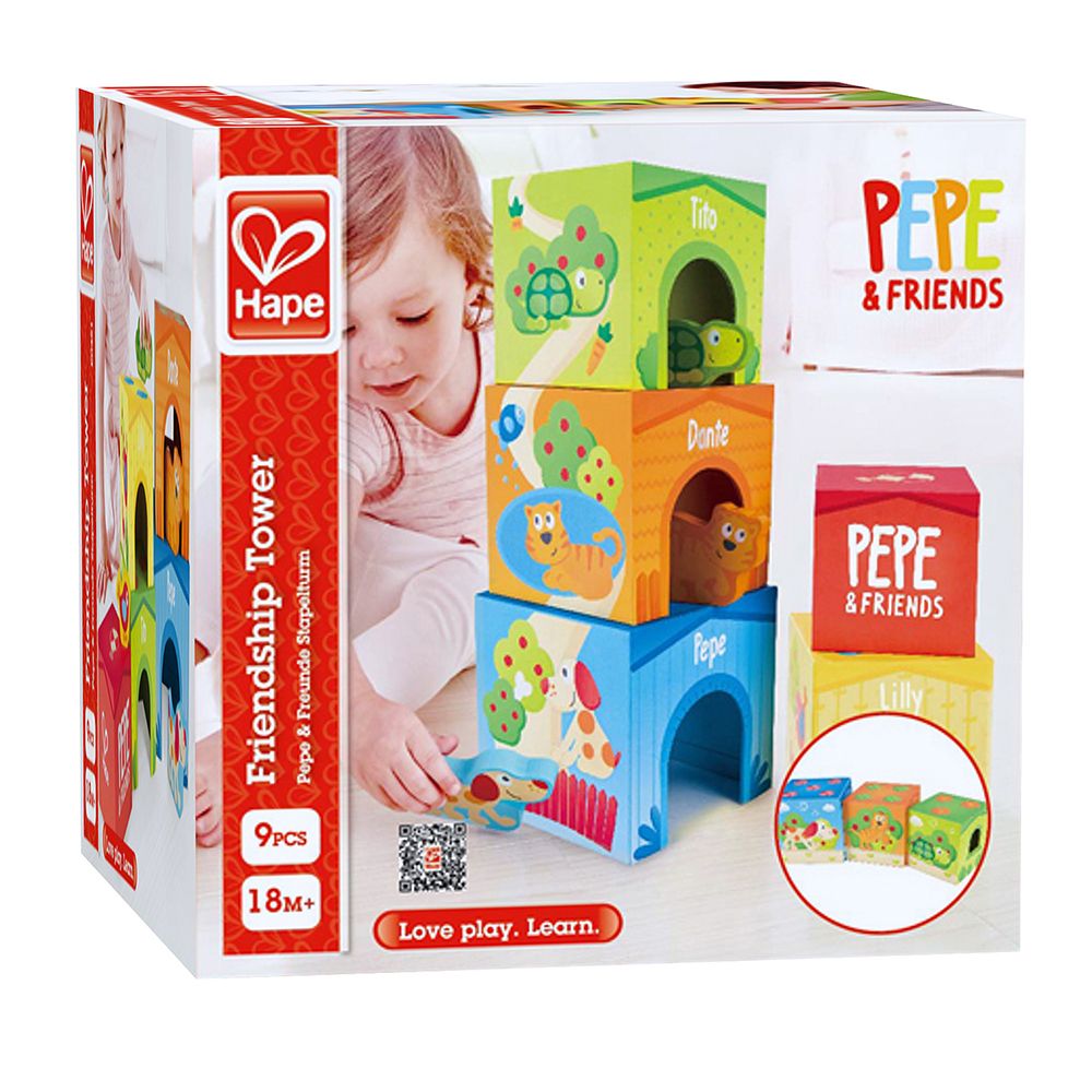 Hape, Кула от картонени кубчета, с дървени животни