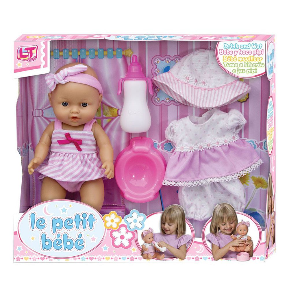 Loko Toys, L, Пишкащо бебе-кукла, Le Petit Bebe с дрехи, гърне и шише, 3 см.