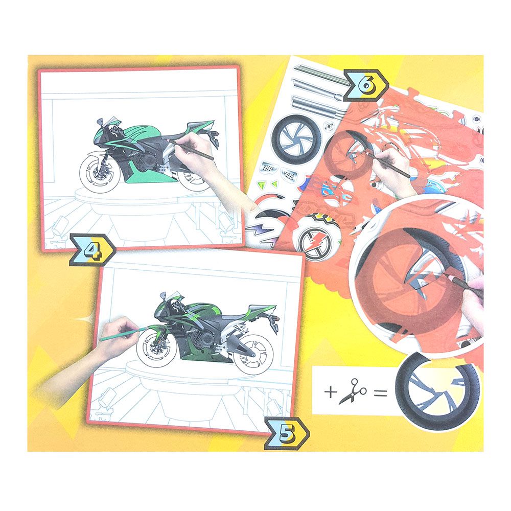 Книжка за рисуване със стикери и шаблони, Мотори