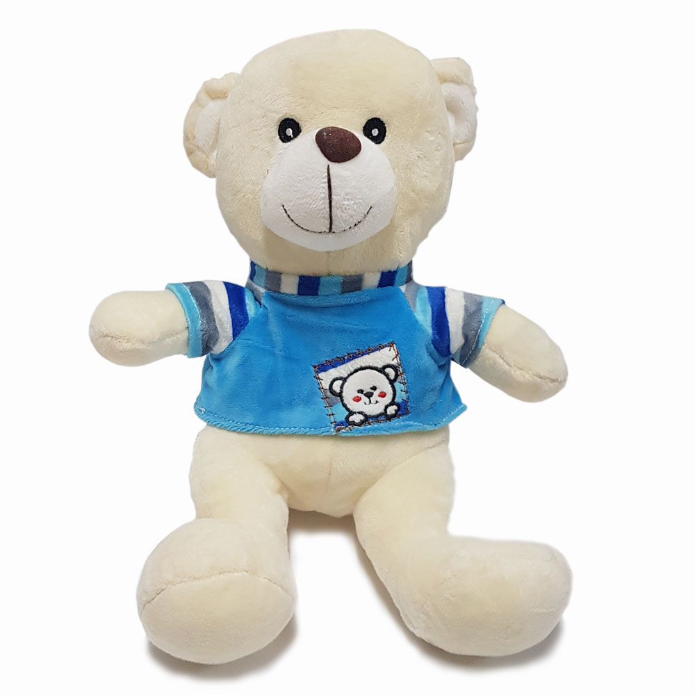 Разказвач на приказки, Мече бяло със синя тениска, говори и пее на български език - малко, Happytoys