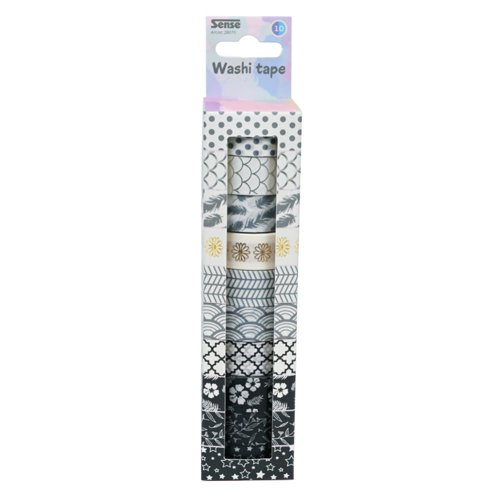Sense, Декоративно тиксо WASHI TAPE, 8 броя черно-бели и 2 броя металик