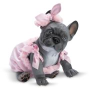 Бебе сив френски булдог Лили, с розов кариран гащеризон и панделка