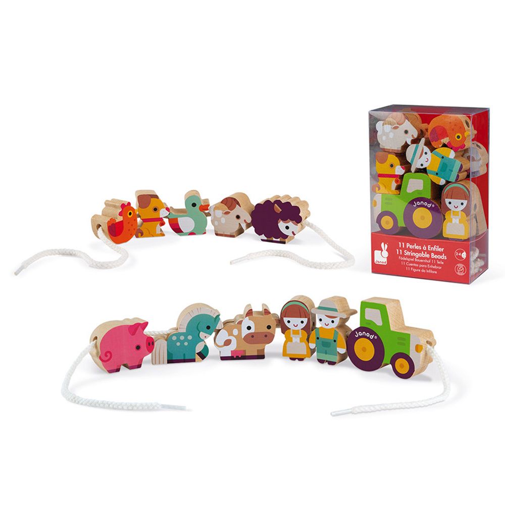 Janod, Дървени фигури за нанизване, Ферма, 2 игри в 1