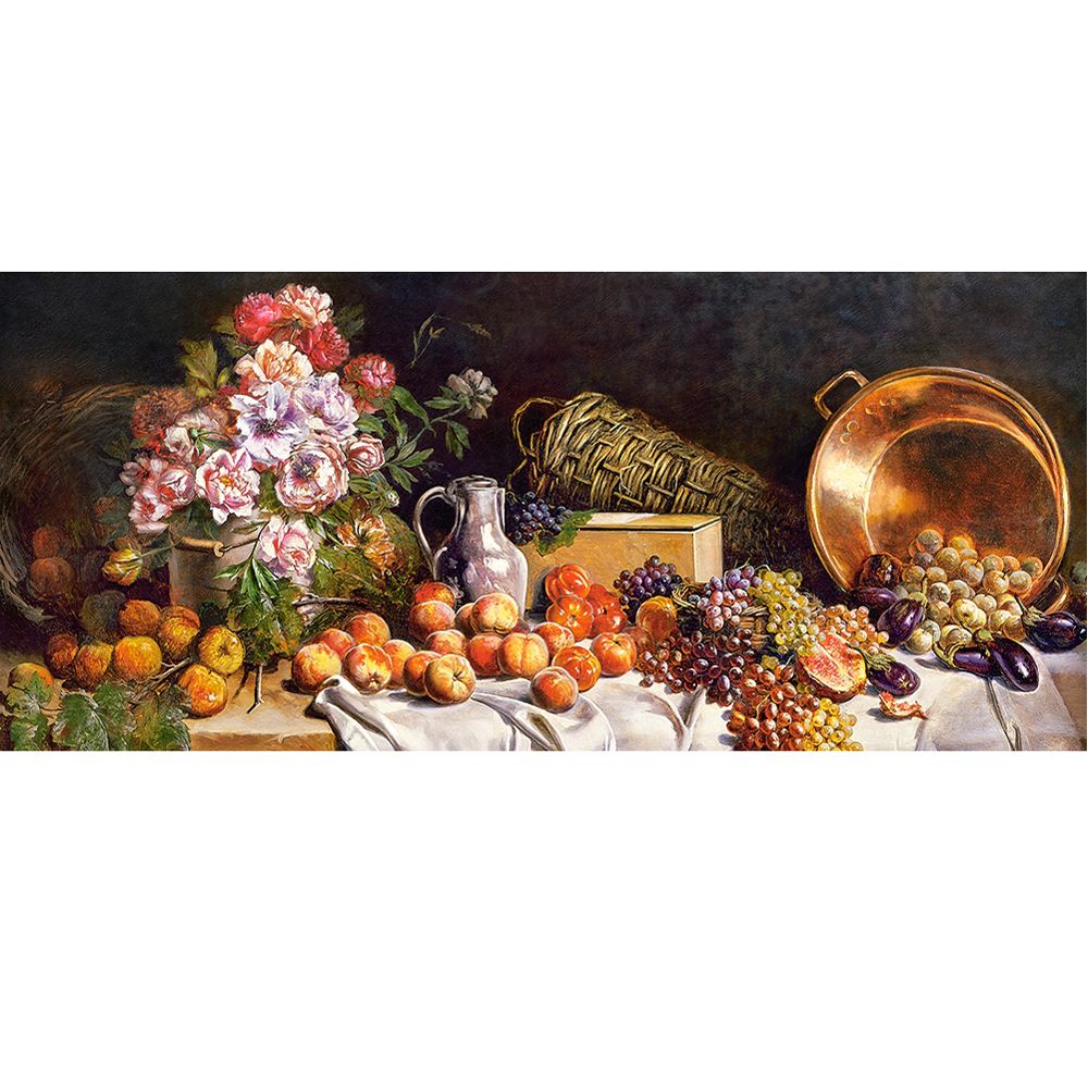 Натюрморт с цветя и плодове на масата, панорамен пъзел 600 части