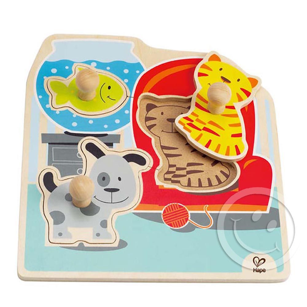 Hape, Дървен пъзел с дръжки и подсказка, Домашни любимци
