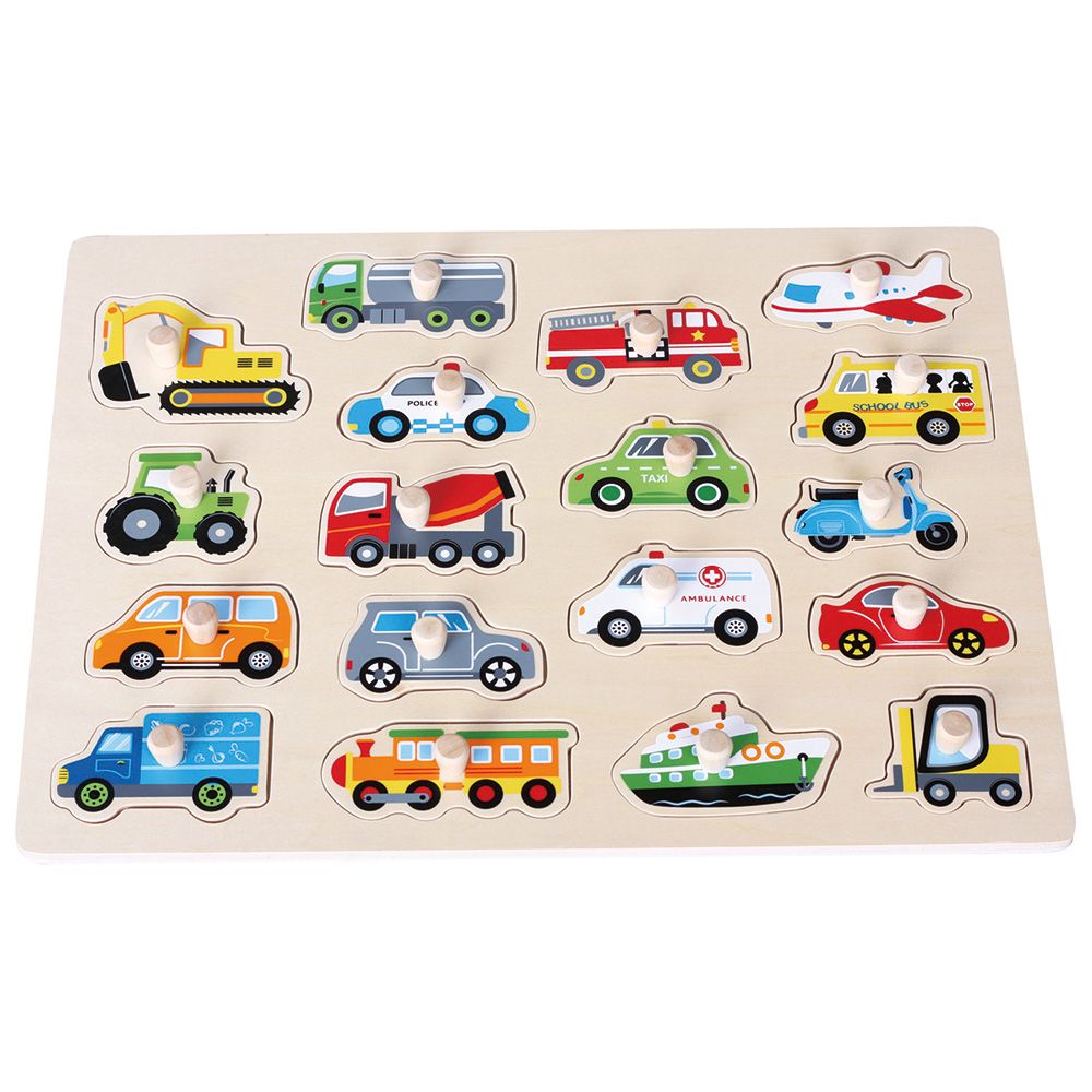 Lelin Toys, Дървен пъзел с дръжки, Превозни средства, голям размер