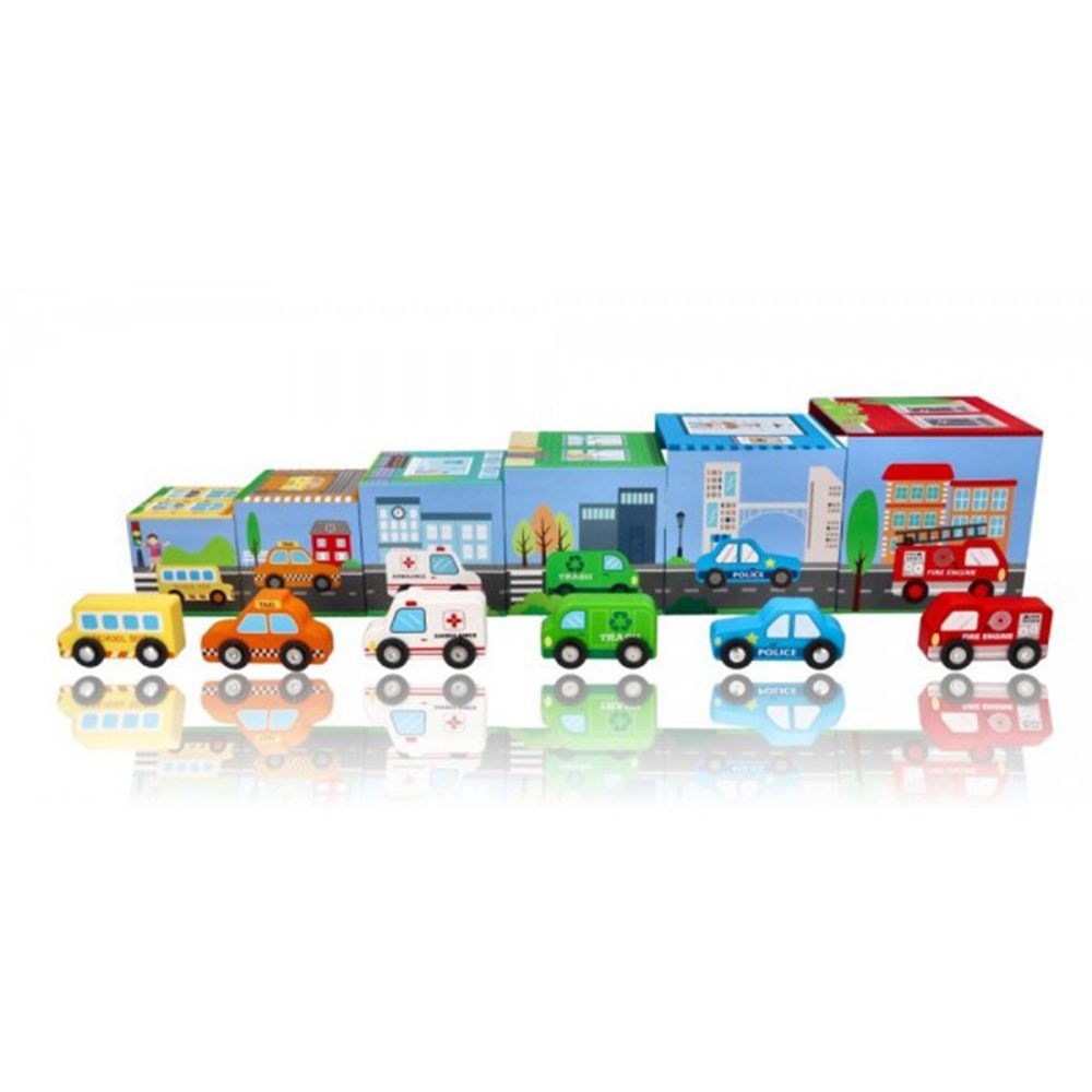 Kартонени кубчета за най-малките, с дървени превозни средства