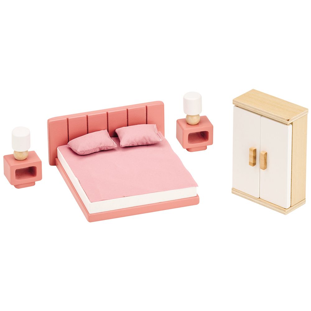 Lelin Toys, Дървени мебели за игра, Розова спалня, 9 части