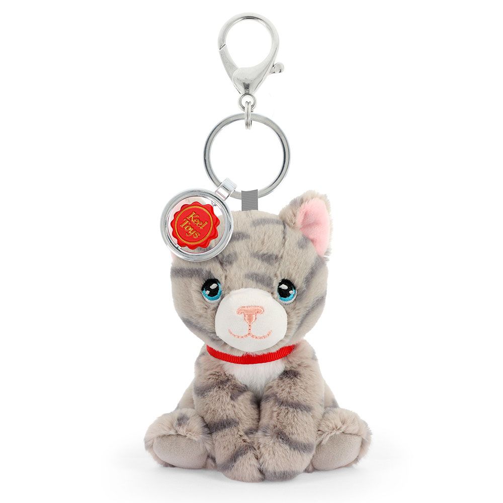 Keel Toys, Плюшена играчка с клипс за раница, Сиво коте, 12 см.