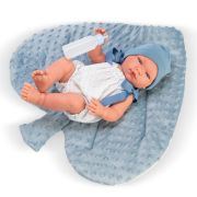 Кукла-бебе Пабло, с бял гащеризон и синя възглавница листо , 43 см.