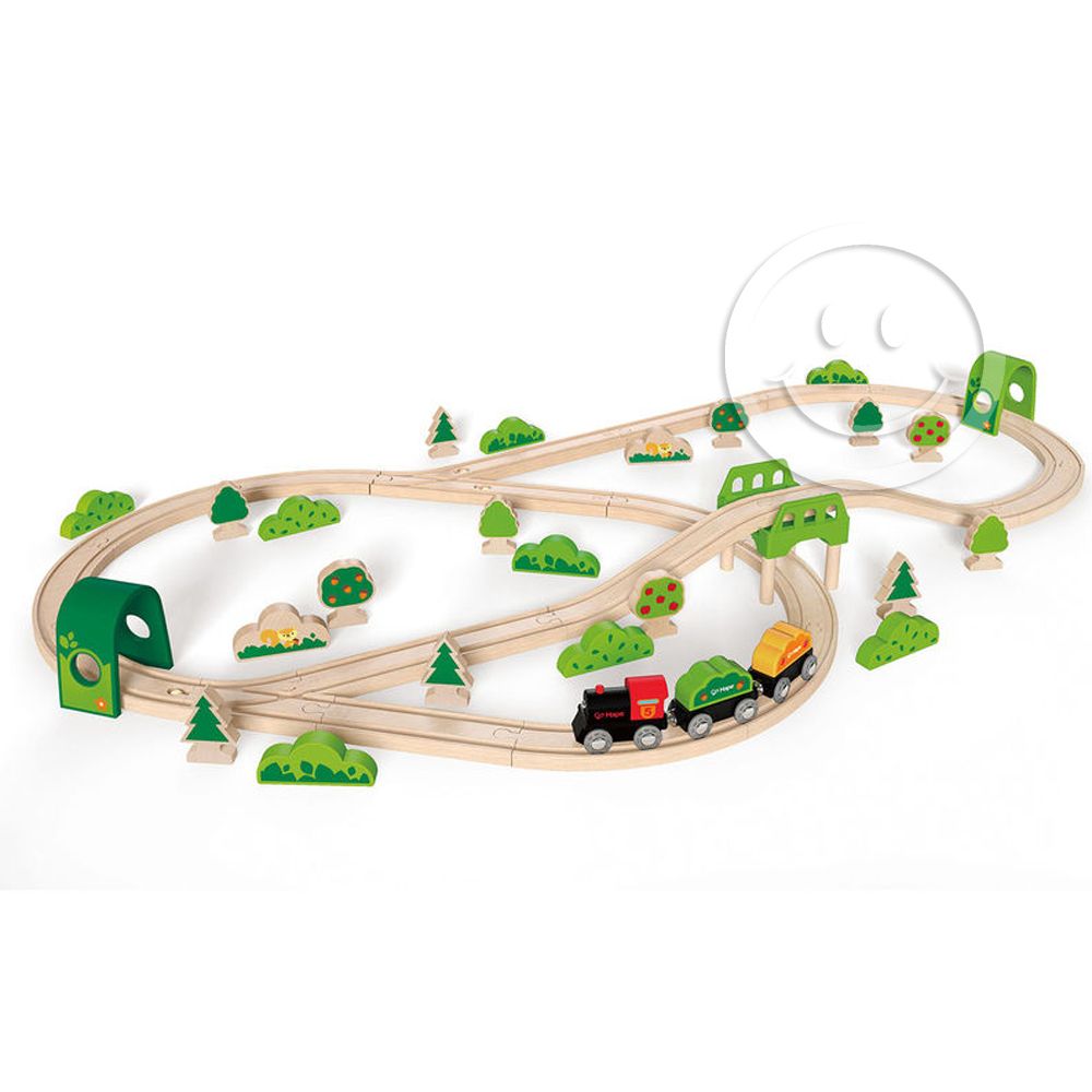 Hape, Комплект дървен влак с релси, Горски експрес, 54 части