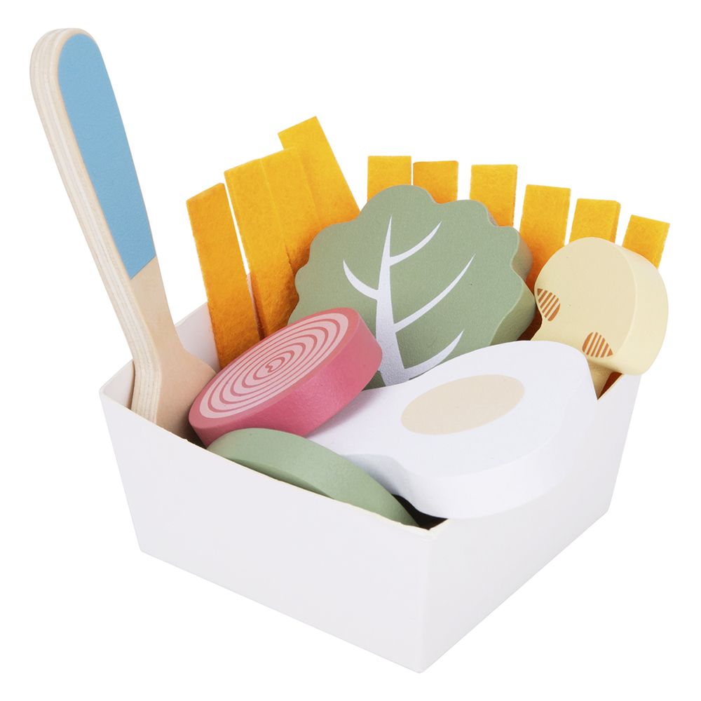 Дървена маса за закуска с храна и аксесоари